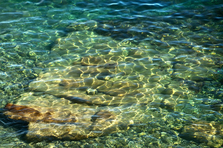 The texture of a shallow transparent turquoise sea with a rocky bottom and beautiful sun glareの写真素材