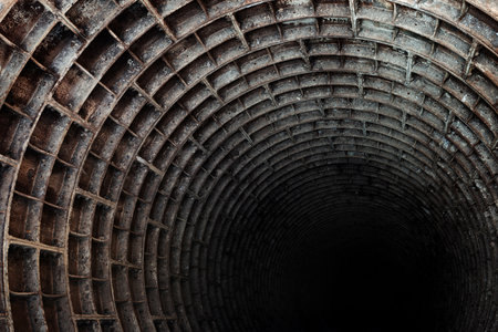 Round dark abandoned Elevator shaft with rusty metal claddingの写真素材