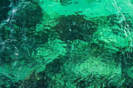 Clear turquoise rippled seawater full-screen texture, top viewの写真素材