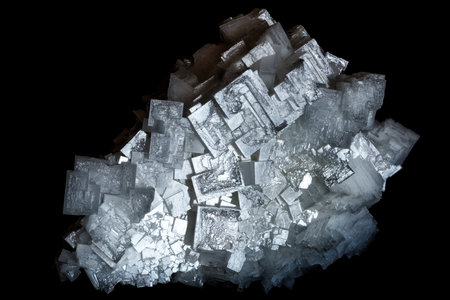 A cluster of cubic crystals of natural salt (NaCl) from a salt lake, isolated on a black background