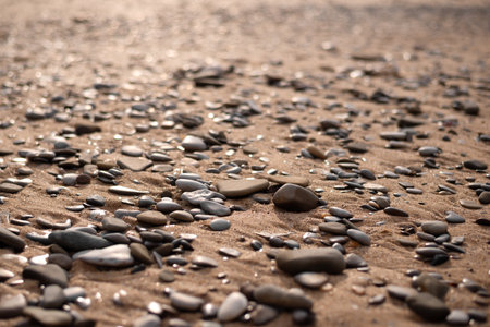 Close-up view of sea pebbles on a sandy beach with selective focus and bokeh background.の写真素材