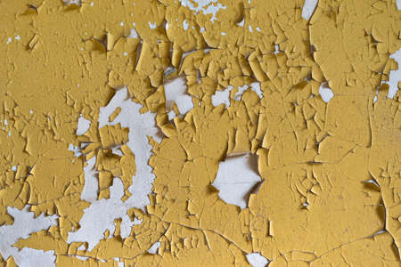 The texture of cracked, peeling yellow paint on a white plastered wall.の写真素材