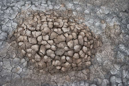 A full-screen view of a multicolored brown-gray cracked earth.の写真素材