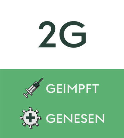 2G Corona regulation notice with vector icons and text arranged on top of each other on green background in portrait orientationのイラスト素材
