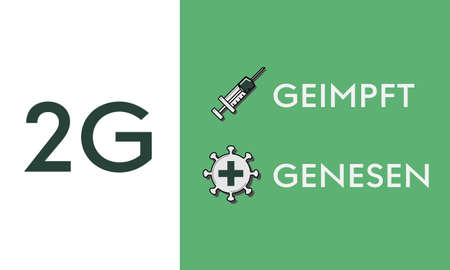 2G Corona regulation notice with vector icons and text arranged on top of each other on green background in landscape formatのイラスト素材