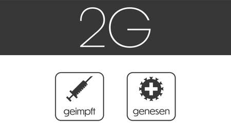 2G Corona regulation notice with framed vector icons and text arranged on top of each other on dark gray background in landscape orientationのイラスト素材