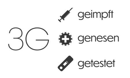 Dark gray 3G Corona regulation notice with vector icons and text arranged on top of each other on white background in landscape formatのイラスト素材