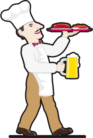 Chef with a mug of beer and food trayのイラスト素材