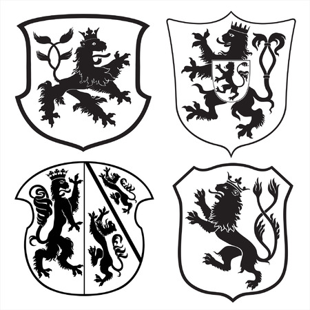 Heraldic lions and shields silhouettes のイラスト素材