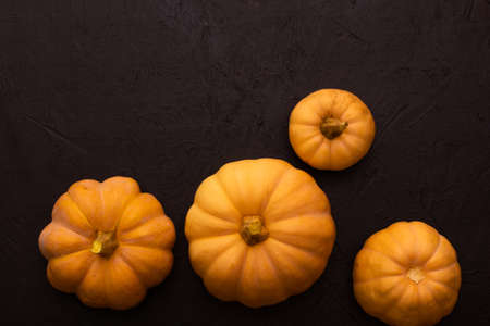 Pumpkins on black table. Halloween background with pumpkin. Copy space. Top viewの写真素材