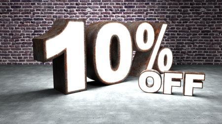 Text 10 percent off three-dimensional similar to rusty and illuminated sheet metal. The bottom is brick and concrete. Illustration, three-dimensionalの写真素材
