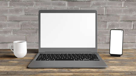 Mockup of a laptop and a cell phone on a desk, and a cup of coffee. You can place your model on the...