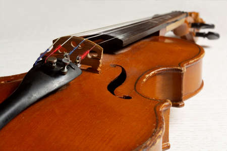 Macro view of wooden string instrument violin on white wooden background