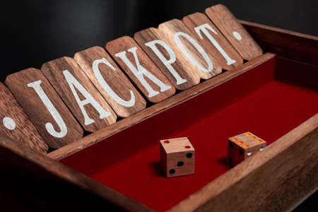 Board game for bars with wooden dice cubes and tiles with jackpot inscription, Shut the box dice...