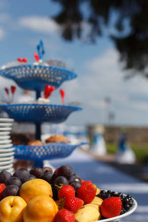 Wedding table with fresh fruitsの写真素材