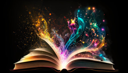 The open book in the image is adorned with a variety of vibrant colors, including shades of blue, pink, yellow, and green. The pages of the book feature a mixture of intricate designs and bold text, adding to the creative and artistic feel of the image.の素材