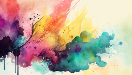 Abstract watercolor background featuring vibrant colors and splashes of paint. The texture is fluid and blends together with brushstrokes, creating an artistic and creative composition. The colors vary in intensity, creating a gradient effect that adds depth to the piece.の素材