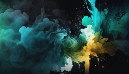 Abstract watercolor background featuring vibrant colors and splashes of paint. The texture is fluid and blends together with brushstrokes, creating an artistic and creative composition. The colors vary in intensity, creating a gradient effect that adds depth to the piece.の素材