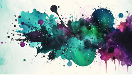 Abstract watercolor background featuring vibrant colors and splashes of paint. The texture is fluid and blends together with brushstrokes, creating an artistic and creative composition. The colors vary in intensity, creating a gradient effect that adds depth to the piece.の素材