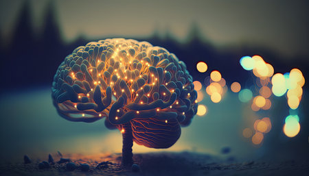 The brain and its functions, with a focus on memory, learning, and knowledge. The intricate network of neurons and synapses is illuminated with a glowing light, suggesting the magic and power of the brain. The image conveys the concept of cognition, intelligence, perception, attention, and memorizing, with a touch of creativity and artistry.の素材