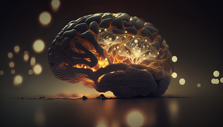 The brain and its functions, with a focus on memory, learning, and knowledge. The intricate network of neurons and synapses is illuminated with a glowing light, suggesting the magic and power of the brain. The image conveys the concept of cognition, intelligence, perception, attention, and memorizing, with a touch of creativity and artistry.の素材