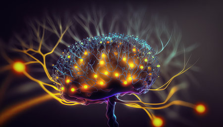 The brain and its functions, with a focus on memory, learning, and knowledge. The intricate network of neurons and synapses is illuminated with a glowing light, suggesting the magic and power of the brain. The image conveys the concept of cognition, intelligence, perception, attention, and memorizing, with a touch of creativity and artistry.の素材