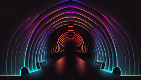 A neon tunnel with colorful lines and bursts of light, conveying a sense of motion and energy. The futuristic technology theme is prominent with its use of laser-like rays and bright colors such as purple, magenta, yellow and blue.の素材