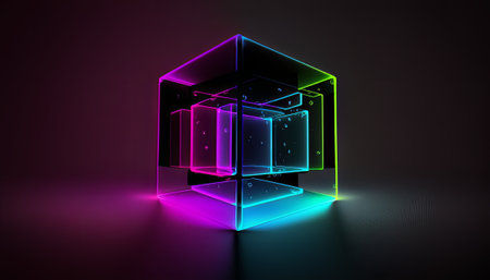 A neon-colored burst of energy in a futuristic design. The space-inspired illustration showcases a tunnel of rainbow-colored lines and waves, creating a dazzling disco-like effect. The vibrant magenta and blue hues create a bold contrast against the black backdrop, with laser-like lines and bright bursts of light adding a sense of motion and energy to the composition.の素材