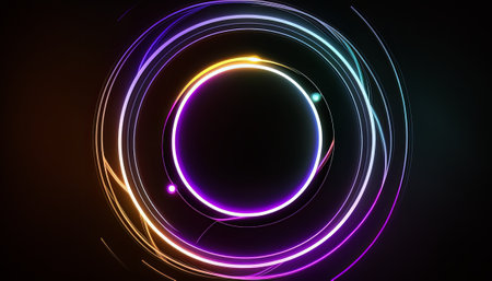 A neon-colored burst of energy in a futuristic design. The space-inspired illustration showcases a tunnel of rainbow-colored lines and waves, creating a dazzling disco-like effect. The vibrant magenta and blue hues create a bold contrast against the black backdrop, with laser-like lines and bright bursts of light adding a sense of motion and energy to the composition.の素材