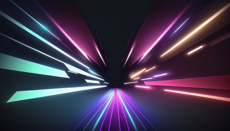 A neon-colored burst of energy in a futuristic design. The space-inspired illustration showcases a tunnel of rainbow-colored lines and waves, creating a dazzling disco-like effect. The vibrant magenta and blue hues create a bold contrast against the black backdrop, with laser-like lines and bright bursts of light adding a sense of motion and energy to the composition.の素材