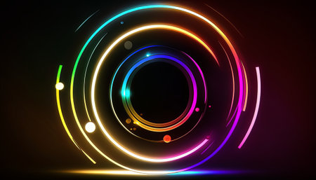 A neon-colored burst of energy in a futuristic design. The space-inspired illustration showcases a tunnel of rainbow-colored lines and waves, creating a dazzling disco-like effect. The vibrant magenta and blue hues create a bold contrast against the black backdrop, with laser-like lines and bright bursts of light adding a sense of motion and energy to the composition.の素材