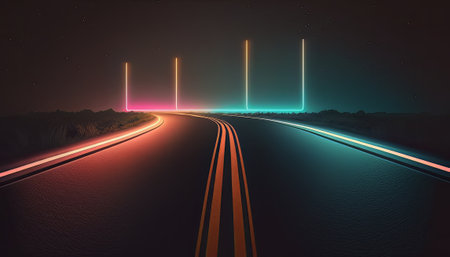A neon-colored burst of energy in a futuristic design. The space-inspired illustration showcases a tunnel of rainbow-colored lines and waves, creating a dazzling disco-like effect. The vibrant magenta and blue hues create a bold contrast against the black backdrop, with laser-like lines and bright bursts of light adding a sense of motion and energy to the composition.の素材