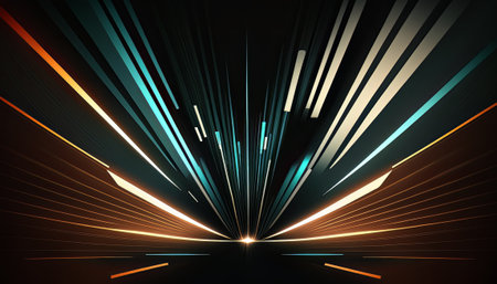 A neon-colored burst of energy in a futuristic design. The space-inspired illustration showcases a tunnel of rainbow-colored lines and waves, creating a dazzling disco-like effect. The vibrant magenta and blue hues create a bold contrast against the black backdrop, with laser-like lines and bright bursts of light adding a sense of motion and energy to the composition.の素材