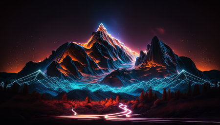 A neon-colored mountains in a futuristic design. The space-inspired illustration showcases a tunnel of rainbow-colored lines and waves, creating a dazzling disco-like effect. The vibrant magenta and blue hues create a bold contrast against the black backdrop, with laser-like lines and bright bursts of light adding a sense of motion and energy to the composition.の素材
