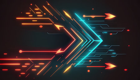 A neon-colored burst of energy in a futuristic design. The space-inspired illustration showcases a tunnel of rainbow-colored lines and waves, creating a dazzling disco-like effect. The vibrant magenta and blue hues create a bold contrast against the black backdrop, with laser-like lines and bright bursts of light adding a sense of motion and energy to the composition.の素材