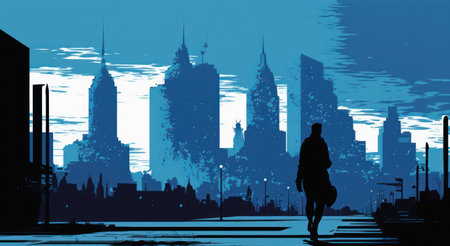 This stunning silhouette captures the essence of a bustling urban city at sunset. The tall skyscrapers and buildings form a dynamic cityscape against the backdrop of a colored sky.の素材