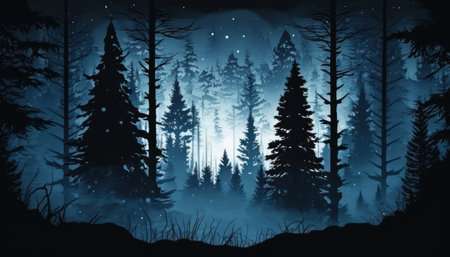 This stunning silhouette landscape captures the beauty of nature with its misty fog, towering trees, and vibrant greeneryの素材