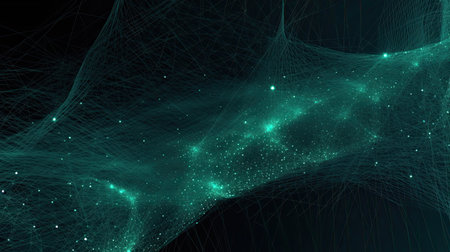 This AI image features a blue geometric mesh of interconnected lines and nodes, resembling a technology network or web. The design suggests a sense of global communication, innovation, and energy.の素材