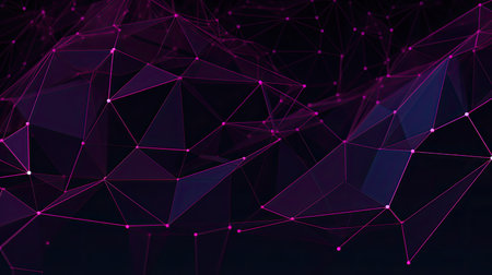 This AI image features a pink, magenta geometric mesh of interconnected lines and nodes, resembling a technology network or web. The design suggests a sense of global communication, innovation, and energy.の素材