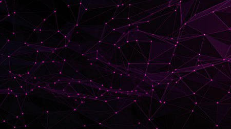 This AI image features a pink, magenta geometric mesh of interconnected lines and nodes, resembling a technology network or web. The design suggests a sense of global communication, innovation, and energy.の素材