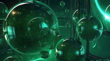 This is an AI image of a transparent green glass ball with a shiny surface that reflects a bright light source. The ball is round in shape and has small bubbles inside, giving it a textured appearance. The overall design is simple and elegant, with circles and spheres being the main focus.の素材