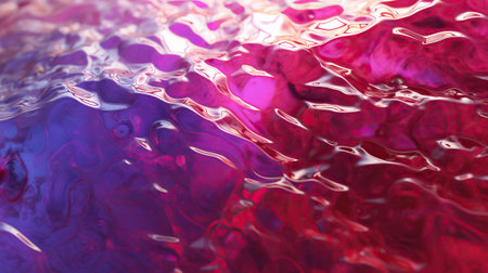 The image features an abstract and fluid background that resembles liquid. The transparency of the liquid adds to its intriguing nature. The macro perspective allows for a detailed view of the surface, highlighting the intricate shapes and patterns formed by the fluid. The backdrop is minimal, making it suitable for various presentation purposes.の素材