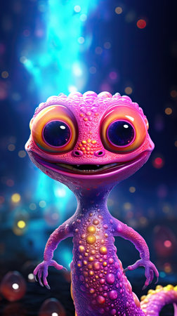 A whimsical, mythical and vibrant creature with big eyes and charming smile. Colorful vertical wallpaper of wonder and magic. The combination of cosmic and fantasy themes adds an otherworldly dimension to the scene, making it both cute and captivatingの素材