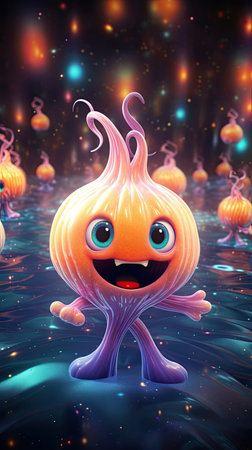 A whimsical, mythical and vibrant creature with big eyes and charming smile. Colorful vertical wallpaper of wonder and magic. The combination of cosmic and fantasy themes adds an otherworldly dimension to the scene, making it both cute and captivatingの素材
