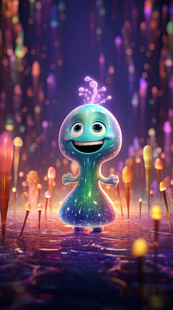 A whimsical, mythical and vibrant creature with big eyes and charming smile. Colorful vertical wallpaper of wonder and magic. The combination of cosmic and fantasy themes adds an otherworldly dimension to the scene, making it both cute and captivatingの素材