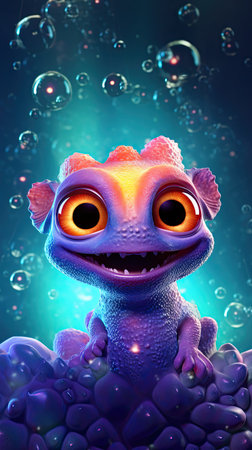 A whimsical, mythical and vibrant creature with big eyes and charming smile. Colorful vertical wallpaper of wonder and magic. The combination of cosmic and fantasy themes adds an otherworldly dimension to the scene, making it both cute and captivatingの素材