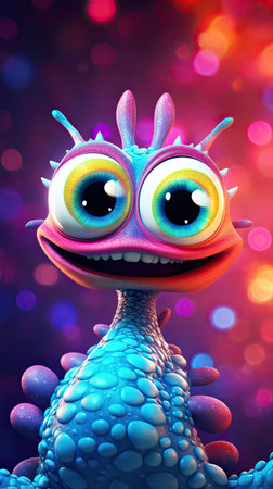 A whimsical, mythical and vibrant creature with big eyes and charming smile. Colorful vertical wallpaper of wonder and magic. The combination of cosmic and fantasy themes adds an otherworldly dimension to the scene, making it both cute and captivatingの素材