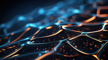 A detailed close-up of a molecular structure with a dynamic blue tone, embodying the intricate complexities of scientific discovery and research in chemistry and biology.の素材