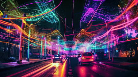 A city street, once familiar, is transformed into an electrifying dreamscape. Neon colors stream across the canvas, painting the night with strokes of vivid light that dance and twist among the city structures. Cars become streaks of luminescence, blurring past as if propelled by the very pulse of the city's heart.の素材