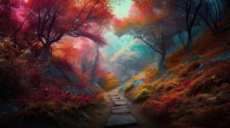 A mesmerizing pathway leads through a fantastical woodland, bathed in surreal colors ranging from deep purples to glowing yellows, evoking a sense of wonder and magic. This image could be used to illustrate themes of adventure, fantasy, and the beauty of altered reality in nature.の素材